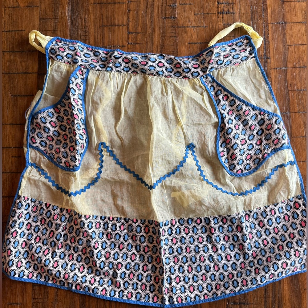 Vintage Yellow Apron Blue Rickrack Trim Mod Print 50s Handmade Kitchen